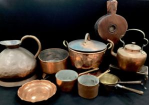 Copper including; large copper ewer, 33cm high, copper pans, twin handled lidded copper pot, kettle;