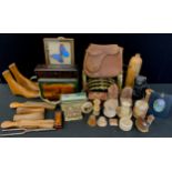 Boxes and objects - wooden shoe lasts, alabaster trinkets, leather riding bag, tin, Bush long