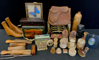 Boxes and objects - wooden shoe lasts, alabaster trinkets, leather riding bag, tin, Bush long
