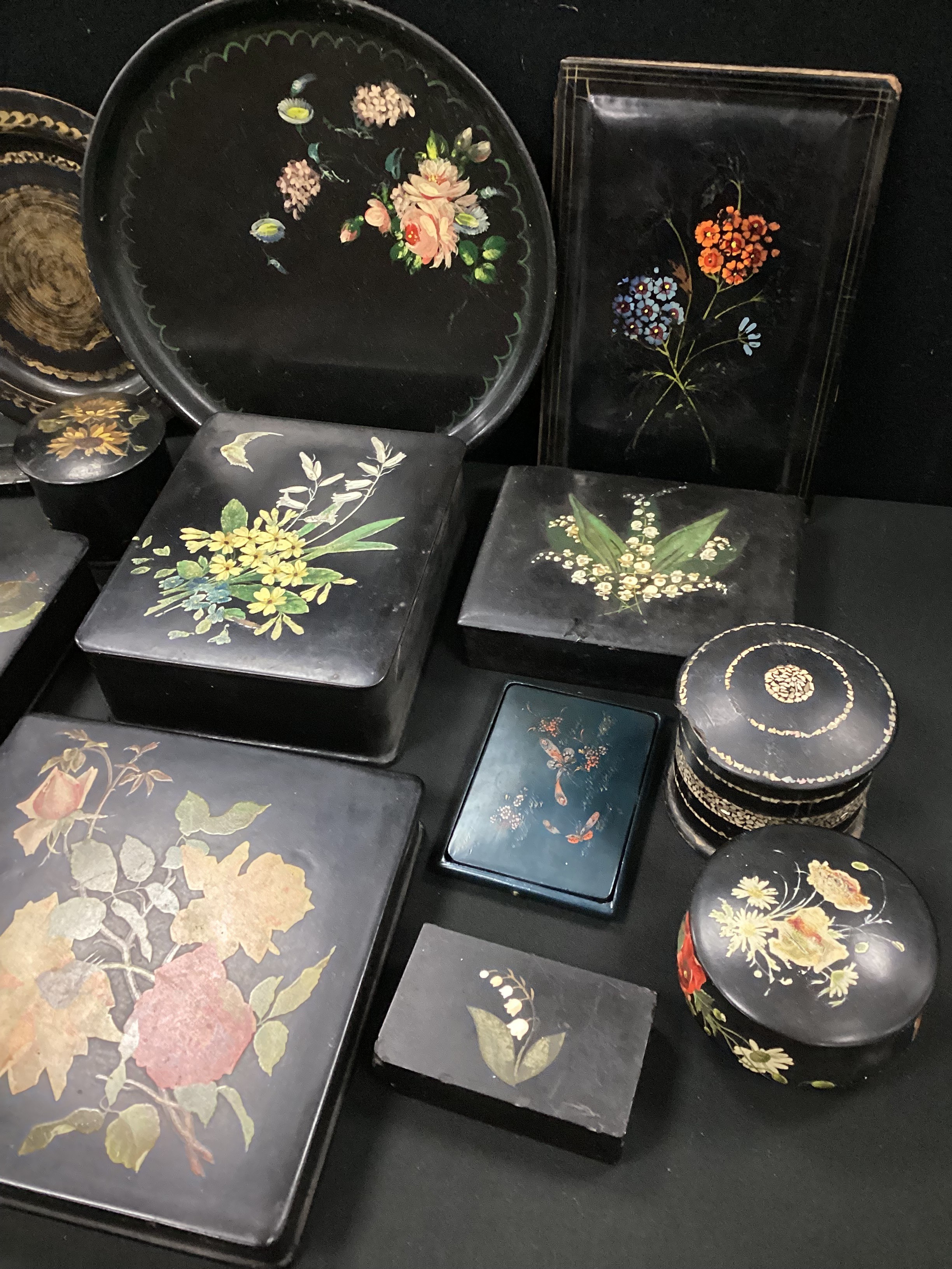 19th century/20th century lacquered ware including; floral print boxes, plates, lidded pots, wall - Image 2 of 4