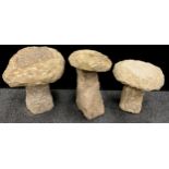 Garden Statuary - A graduated group of three contemporary Derbyshire Gritstone Staddle Stones /