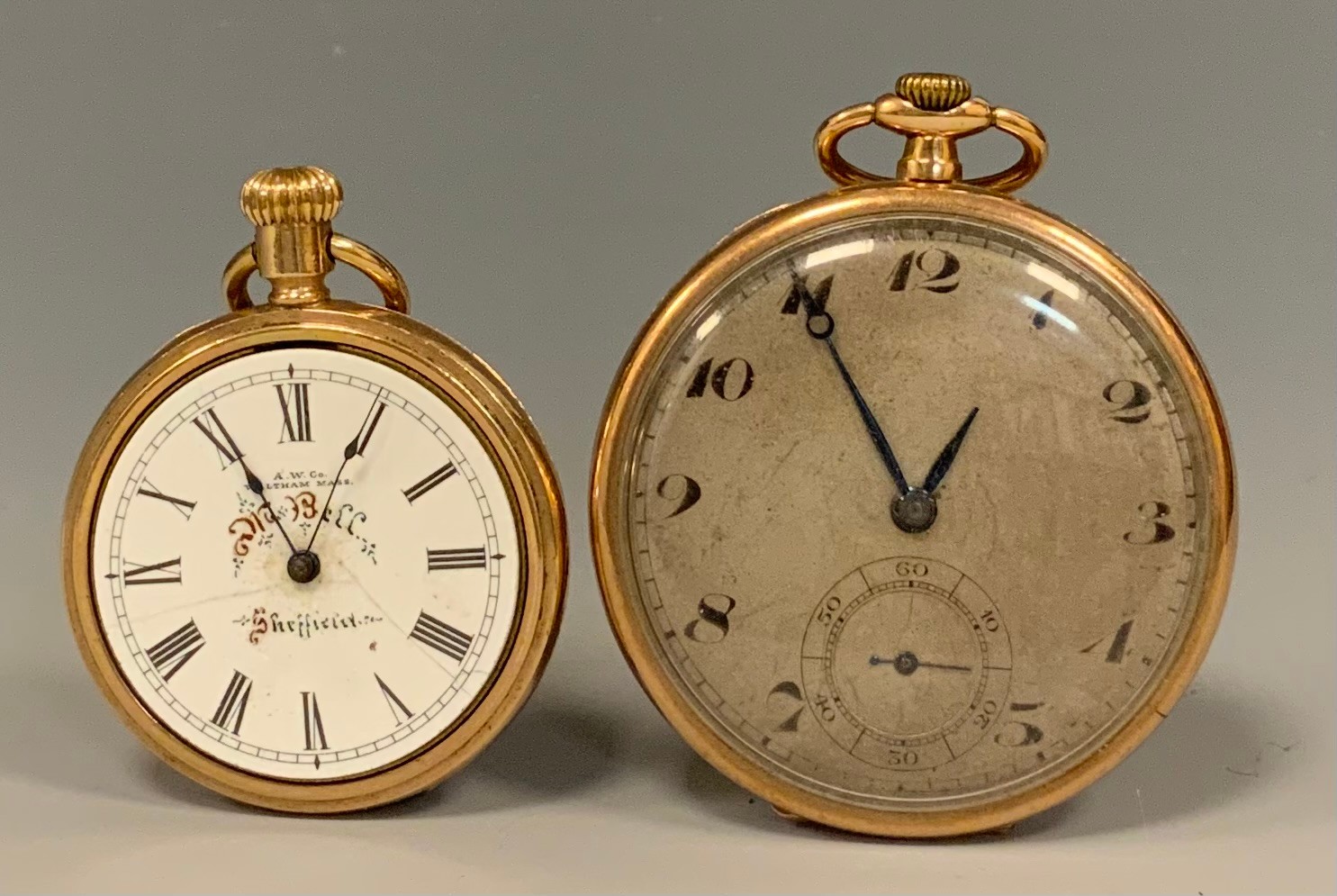 A 9ct rose gold open face pocket watch, silver dial, Arabic numerals, subsidiary seconds, stem
