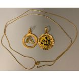 A yellow metal pendant necklace, letter A, stamped 750, 3.6g, ; another yellow metal enamelled