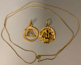 A yellow metal pendant necklace, letter A, stamped 750, 3.6g, ; another yellow metal enamelled