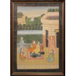 Indian school, A Mughal type painting on silk, Attending the lovers, 76cm x 54cm.