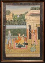 Indian school, A Mughal type painting on silk, Attending the lovers, 76cm x 54cm.