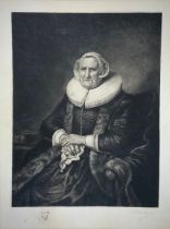 19th century, After Rembrandt Harmensz, engraving on paper of ‘Madame Jacob Bas' with shawl and