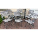 Garden Furniture - a set of six wrought iron framed slatted wooden folding garden chairs, each