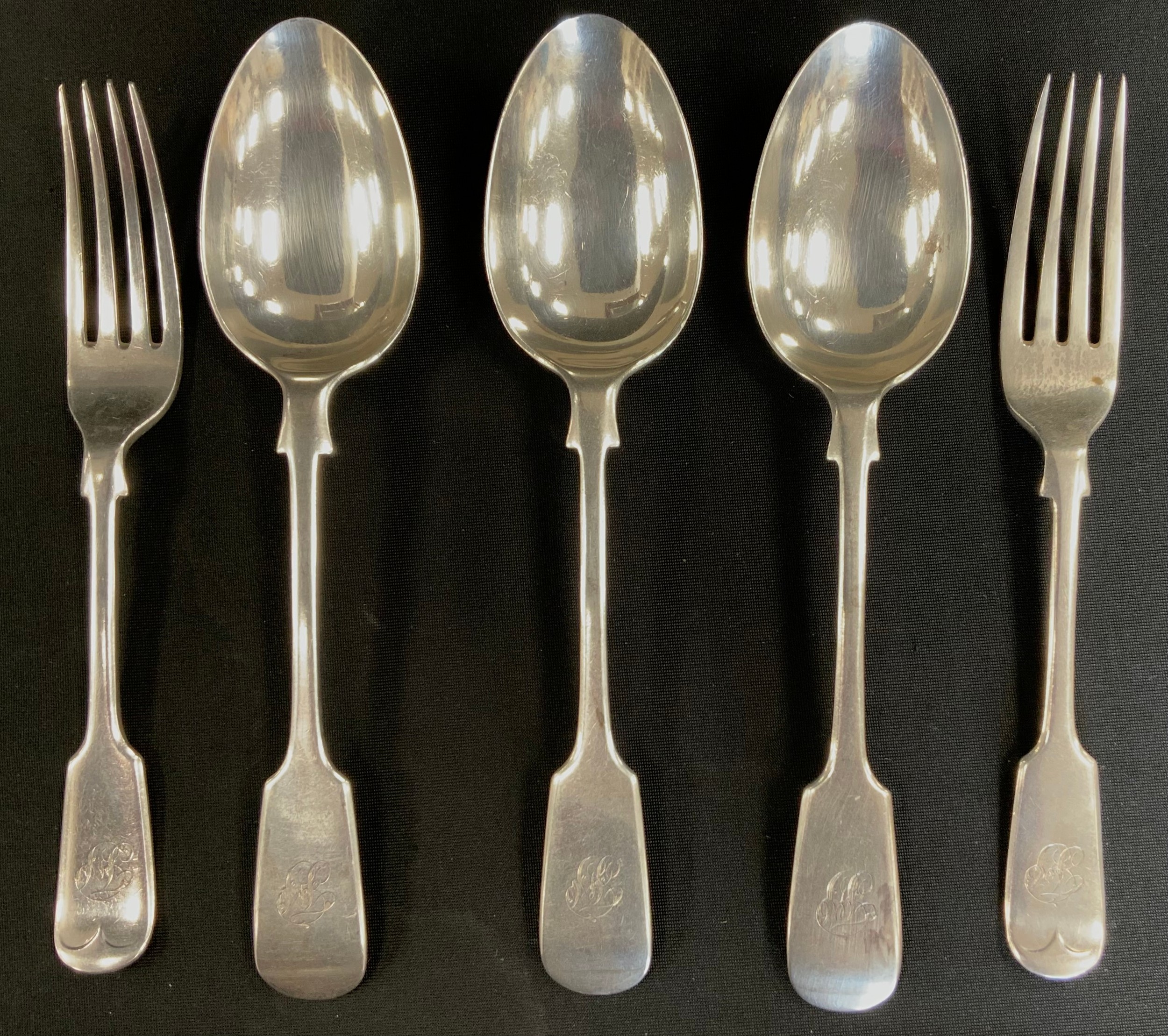 Silver - two dessert spoons & two forks, Walker & Hall, Sheffield 1907 & 1905; another Chester 1907,