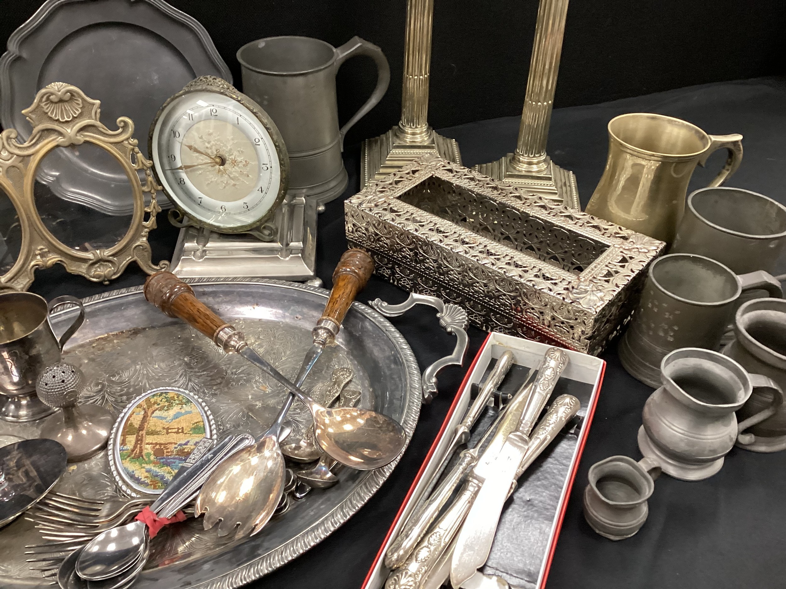 Metal ware including; cast iron claret jug, 36cm high, a pair of baroque style plate candlesticks, - Image 3 of 4