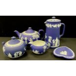 Wedgwood dark blue Jasperware including; a four piece tea and coffee set comprised of a tea pot,