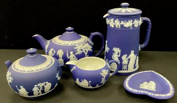 Wedgwood dark blue Jasperware including; a four piece tea and coffee set comprised of a tea pot,
