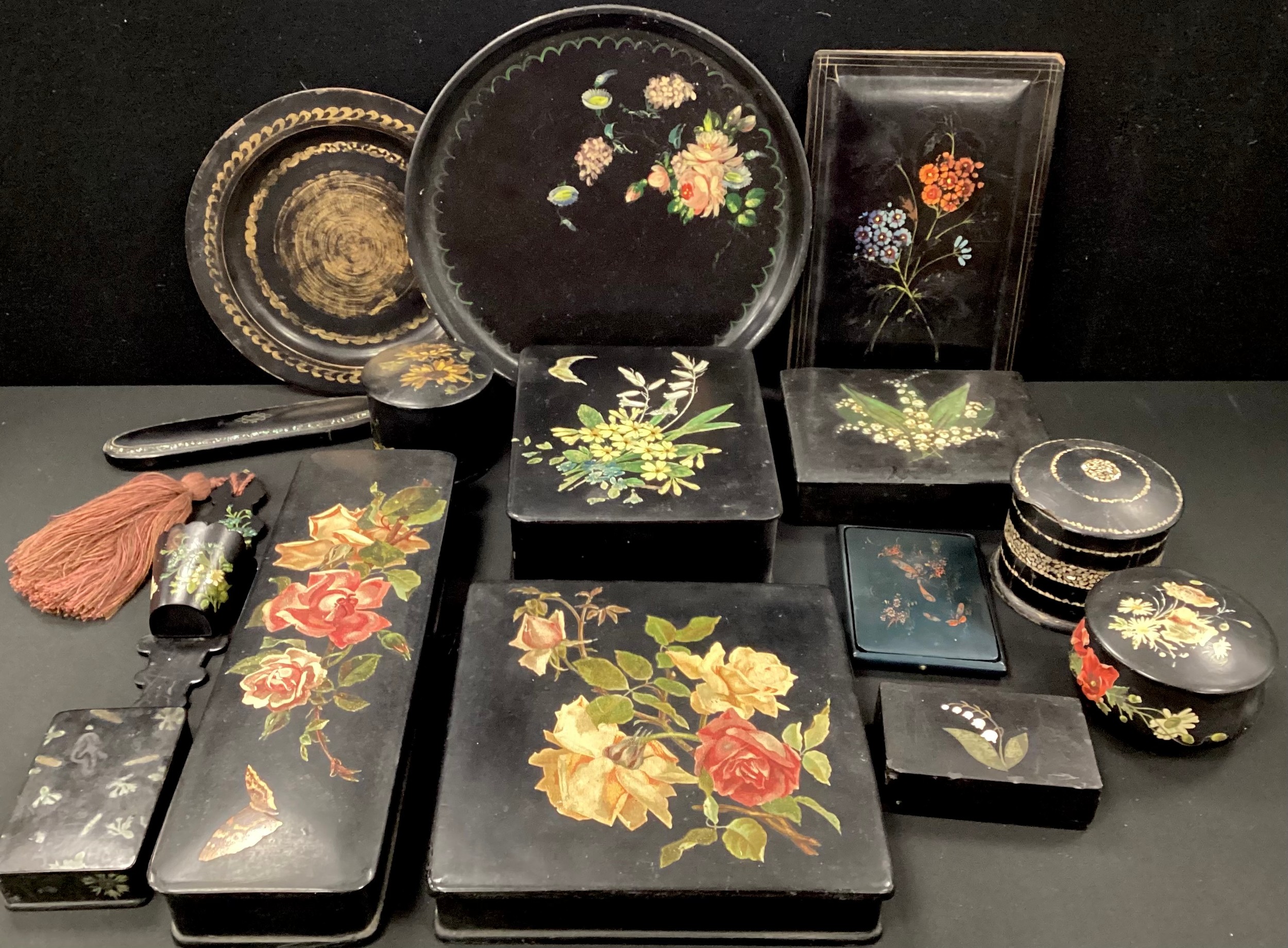 19th century/20th century lacquered ware including; floral print boxes, plates, lidded pots, wall