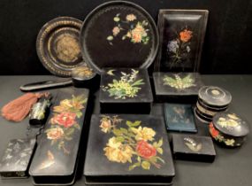 19th century/20th century lacquered ware including; floral print boxes, plates, lidded pots, wall
