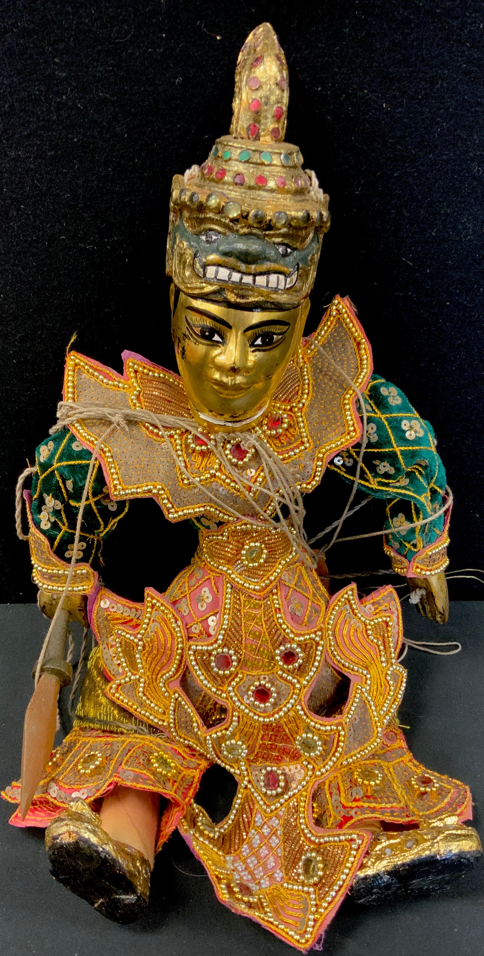 A Burmese or Thai marionette puppet doll, as a warrior; assorted wall masks, pair of painted panels, - Image 2 of 4