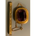 A 19th century amethyst brooch, pale pinky purple cushion amethyst, 9ct gold mount, 5g gross; a