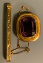 A 19th century amethyst brooch, pale pinky purple cushion amethyst, 9ct gold mount, 5g gross; a