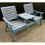Garden Furniture - a two seater garden bench, the centre section with table divider, approx 92cm x