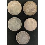 Coins - Victorian silver crowns, 1845, shield back, 1887, 1889 (2), 1890, etc