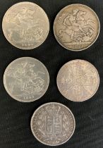 Coins - Victorian silver crowns, 1845, shield back, 1887, 1889 (2), 1890, etc