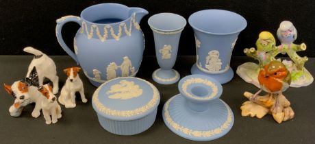 Ceramics - three Royal Doulton models Terriers; Wedgwood powder blue Jasperware, etc
