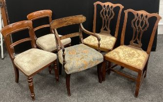 A pair of George III mahogany side chairs, c.1800; a pair of Victorian side chairs; a Regency