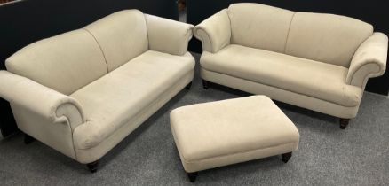 A pair of Willis and Gambier type three-seat scroll-arm sofas, 87cm high (45cm to seat) x 194cm wide