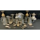 A pair of Ashberry pewter Arts & crafts vases, assorted mugs, tankards etc; pair of Indian brass