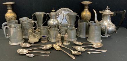 A pair of Ashberry pewter Arts & crafts vases, assorted mugs, tankards etc; pair of Indian brass
