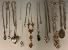 Jewellery - a silver and copal amber six panel necklace; silver coloured metal heart pendant
