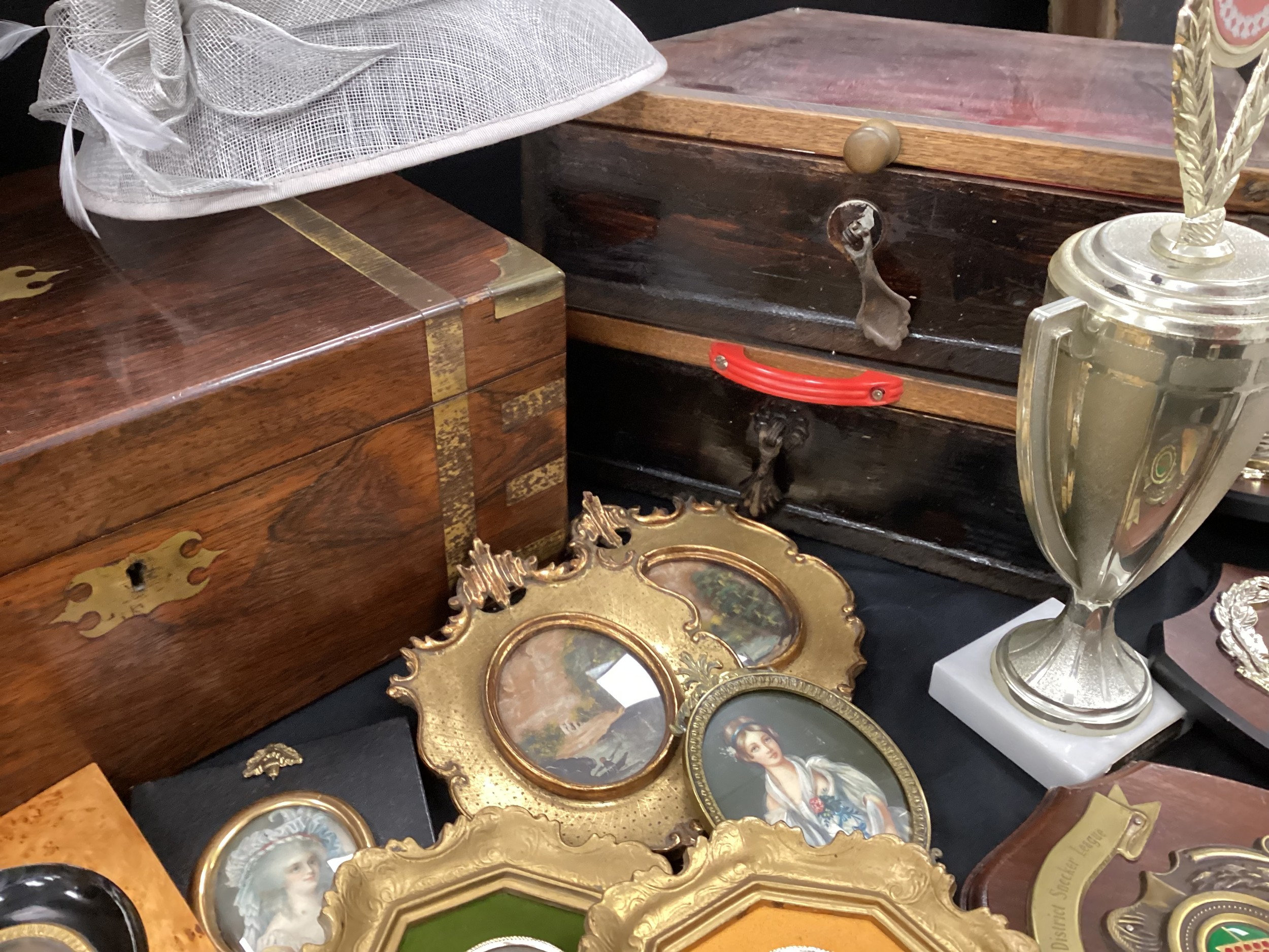 Boxes and Objects - Victorian writing slope, two table top bijouterie cabinets, miniature framed - Image 3 of 5