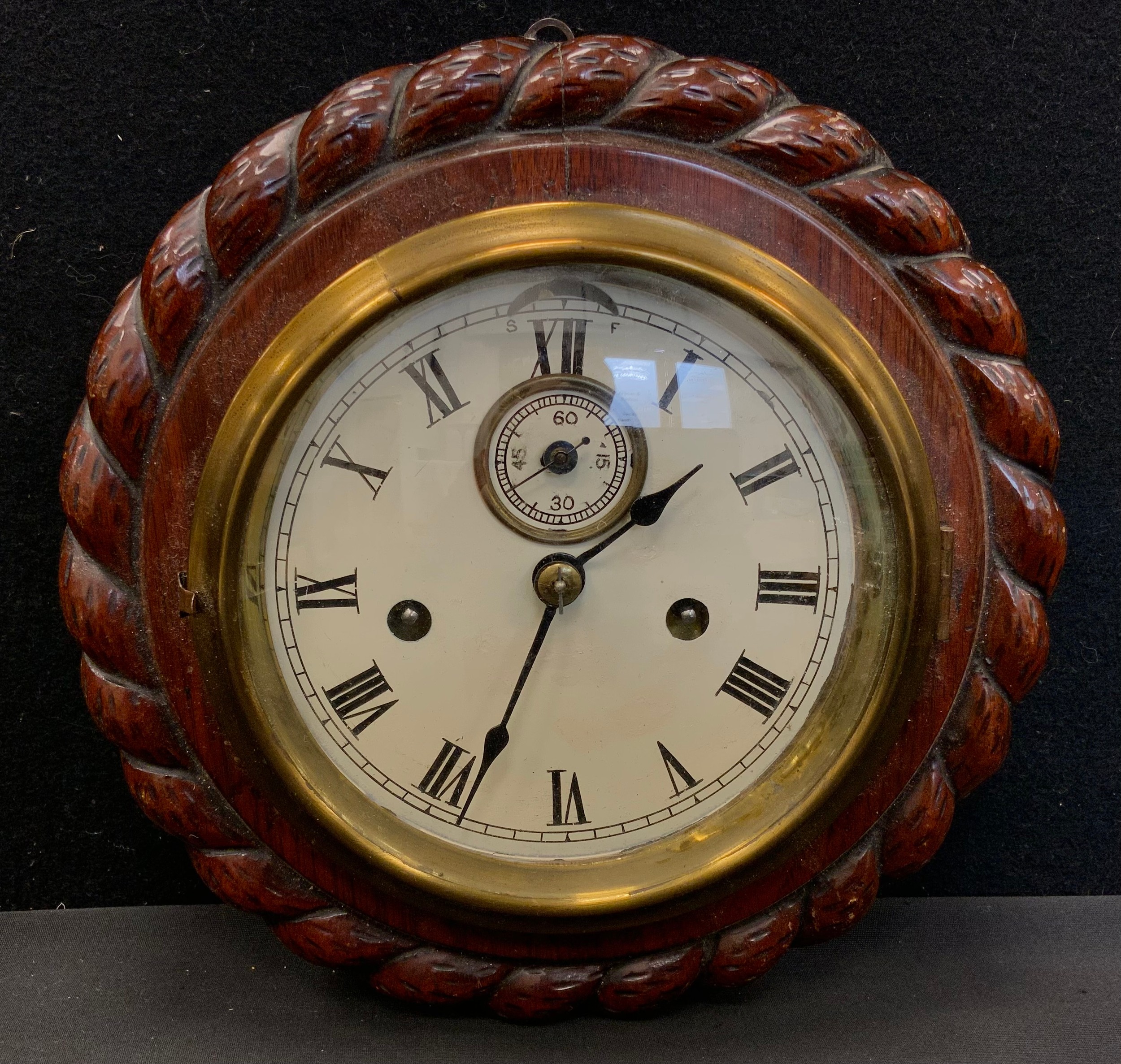 A Marine/shipping interest carved oak cased bulk head or wall time piece, cream dial, eight day - Image 2 of 6