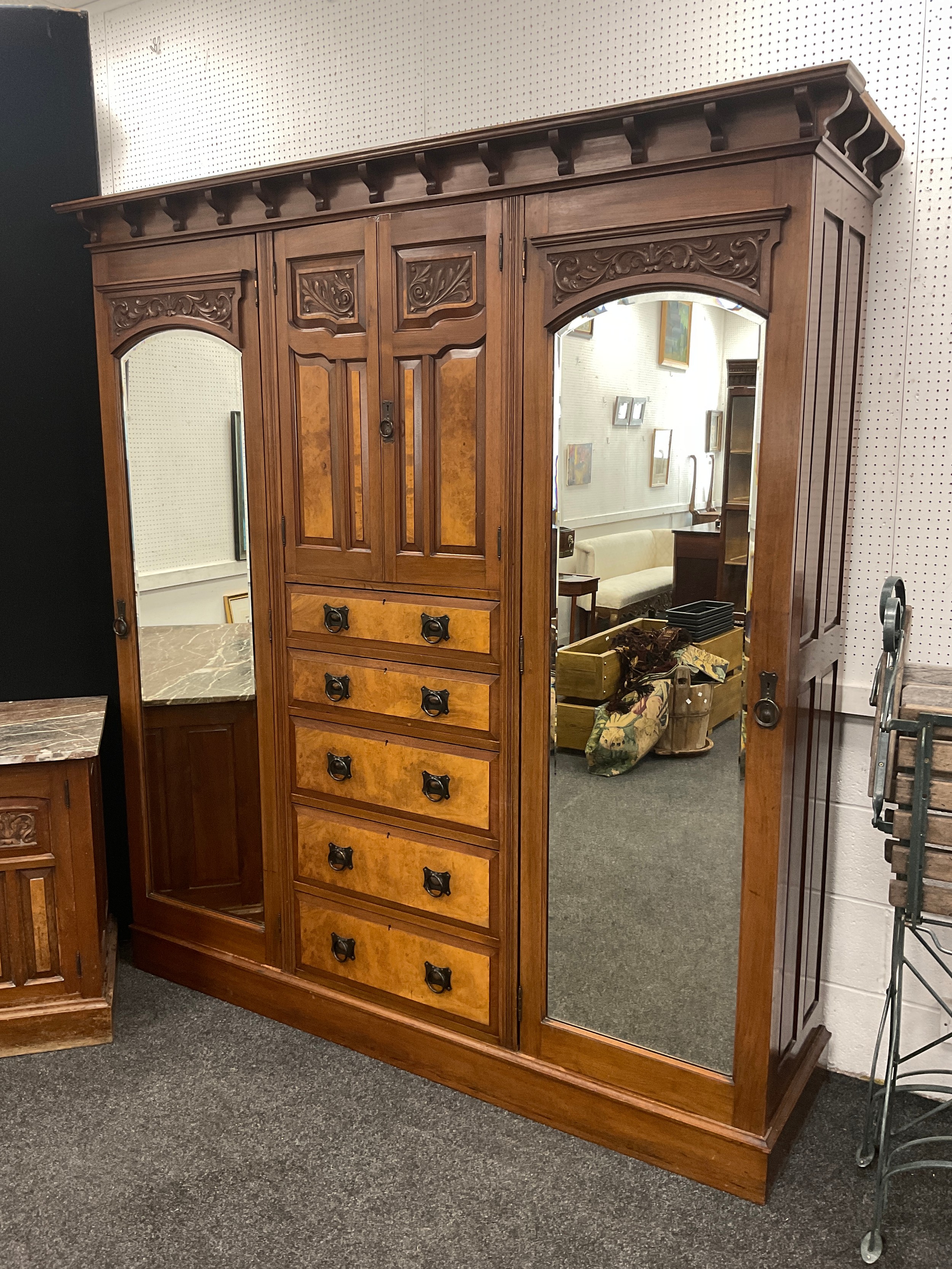 A Victorian walnut compactum wardrobe, and a matching washstand chest with three graduated long - Image 2 of 3