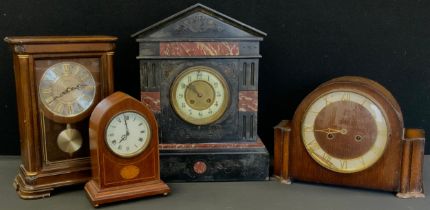 A 19th century red marble and belge noir architectural mantel clock, 40cm x 31.5cm; Edwardian inlaid