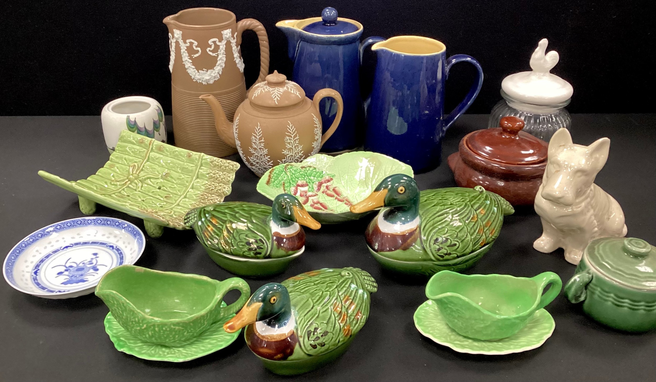 Ceramics - a set of three graduated majolica duck pots, Carlton ware, Denby coffee pot and jug; etc