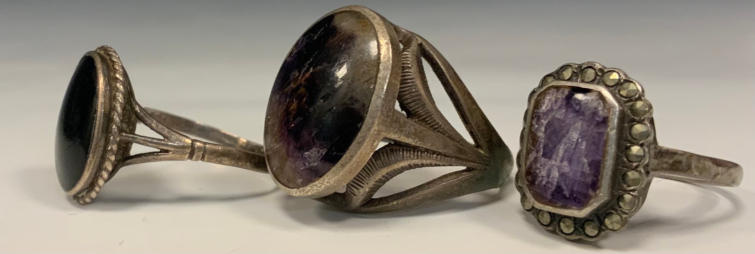 A blue john fluorite silver mounted oval cabochon ring, size N/M, another smaller, a black onyx - Image 2 of 2