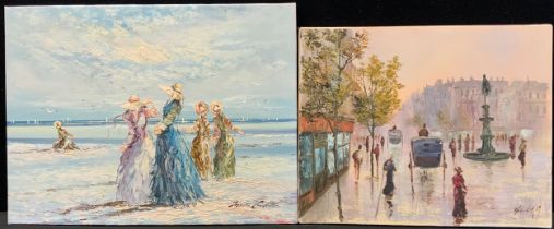 Marie Charlot, Ladies on the Beach, signed oil on canvas, 45.5cm x 61cm; Glenn - Parisian Street,