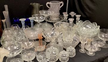 Glassware - Whitefrairs jug 30cm high, set of six cut brandy glasses, faceted glass candlesticks,