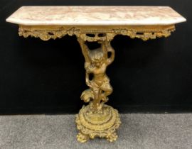 A Neo-classical revival hall table, ‘gilt’ painted pedestal base with a Putti, single arm held aloft