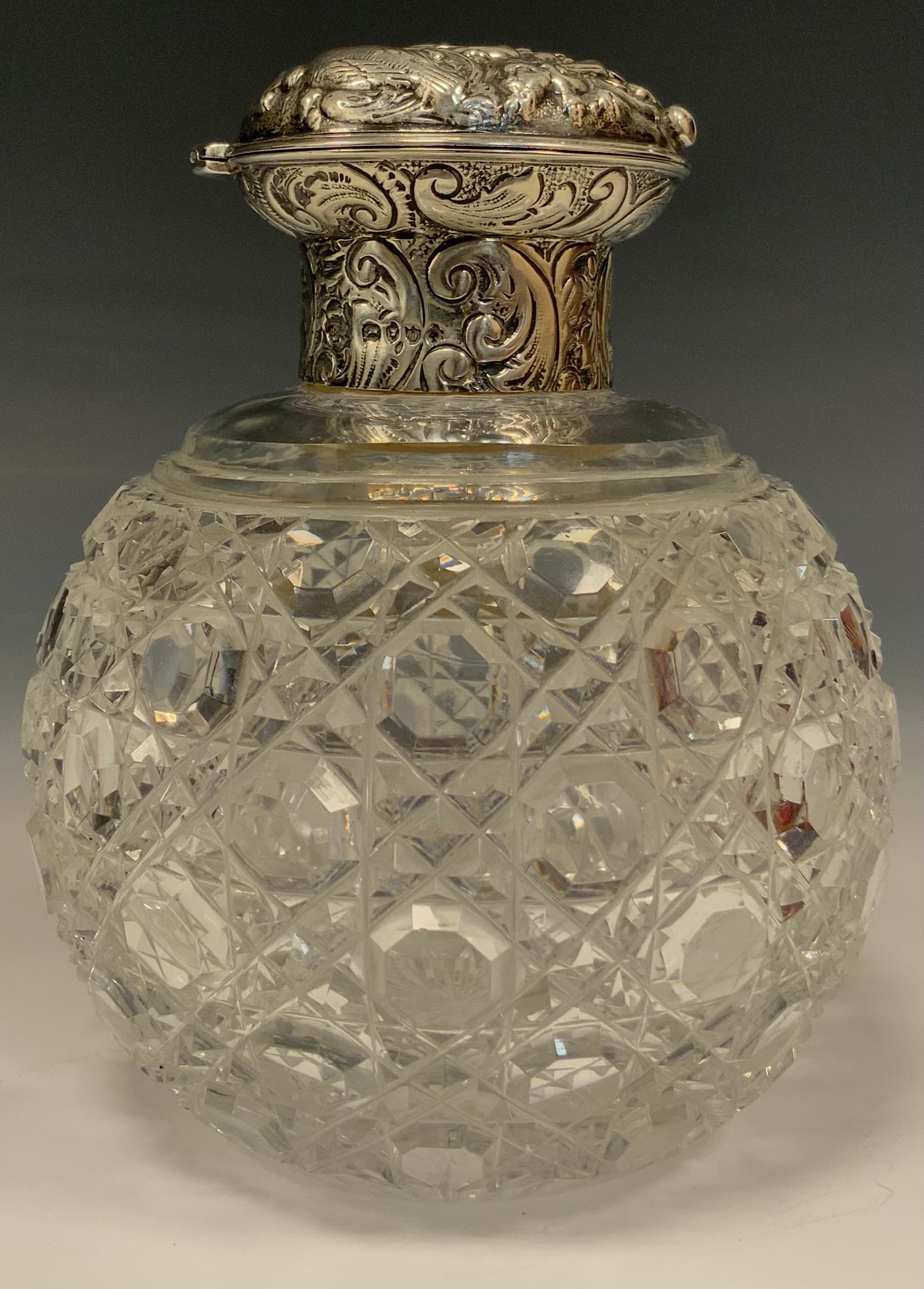 A Victorian silver mounted hobnail-cut globular scent bottle, London 1889