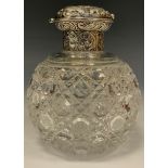A Victorian silver mounted hobnail-cut globular scent bottle, London 1889