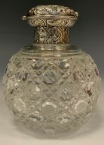 A Victorian silver mounted hobnail-cut globular scent bottle, London 1889