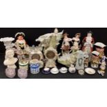 Continental ceramics including; bisque figure, coni copes, rococo mantle clocks; miniatures; etc