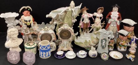 Continental ceramics including; bisque figure, coni copes, rococo mantle clocks; miniatures; etc