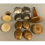 A pair of 9ct gold oval floral panelled cufflinks, 4.8g, others pewter; banded agate seal stamp,