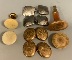 A pair of 9ct gold oval floral panelled cufflinks, 4.8g, others pewter; banded agate seal stamp,