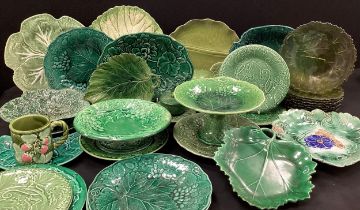 Early 20th century and later majolica leaf plates, dishes, cake stands, beakers; etc