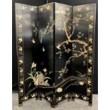 A Japanese lacquered modesty screen, of four panels, decorated to both sides with Birds amongst