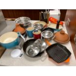 Cookery and Kitchen equipment - Le Creuset - two stainless steel lidded saucepans, Le Creuset frying