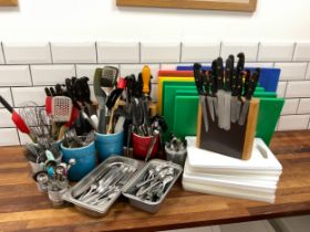 Kitchen and cookery equipment / utensils - Denby pots, Knife block with knives, chopping blocks,